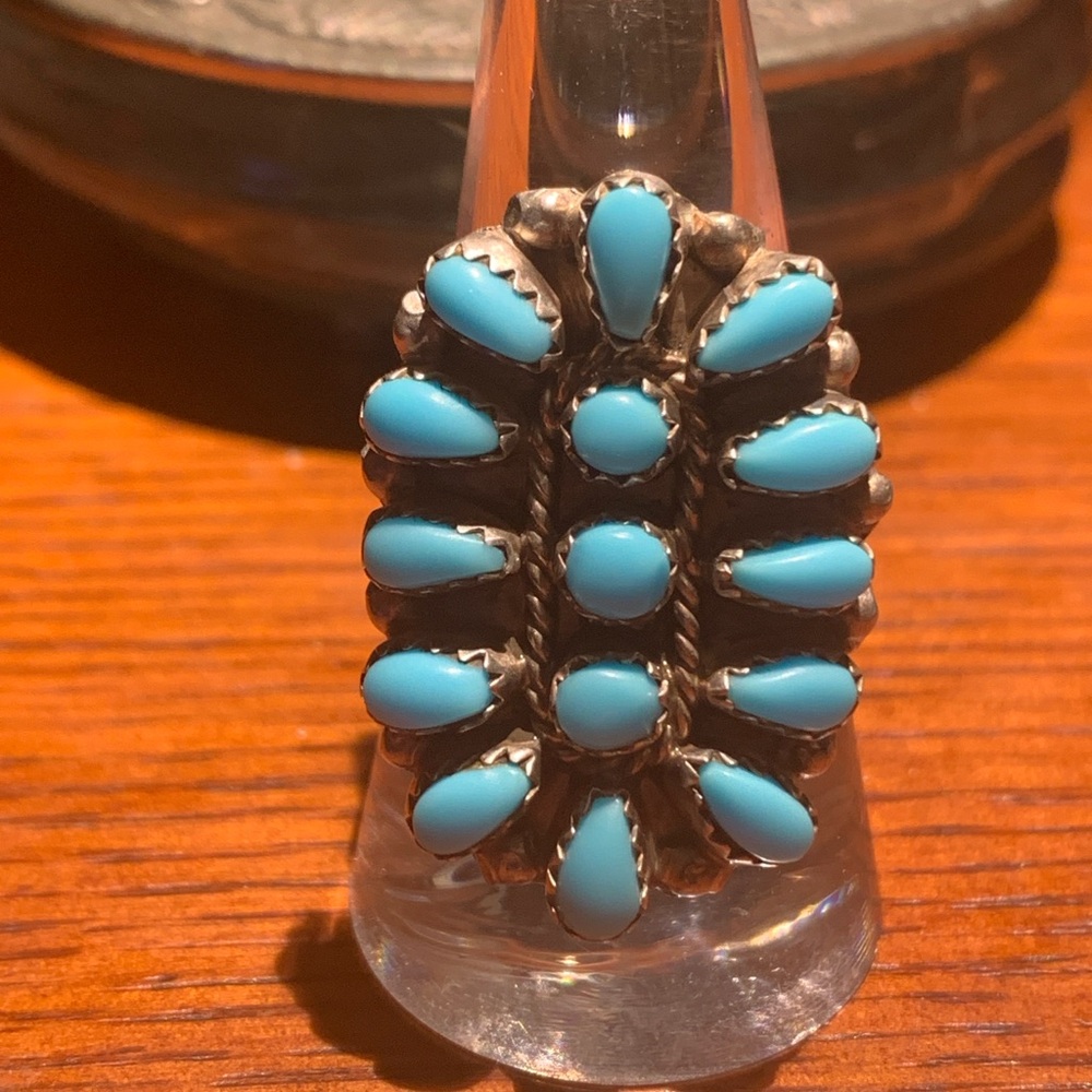 Vintage Zuni "Sleeping Beauty" Turquoise Cluster Ring Signed RC